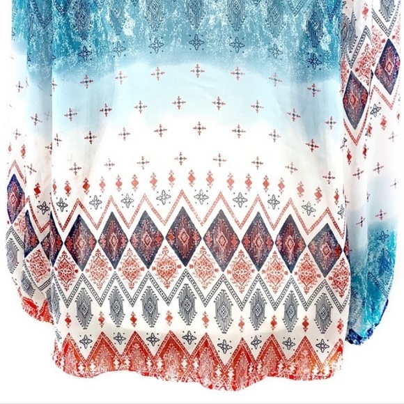 BCBGMaxAzria size S orange blue & ivory BOHO tie front long puffed sleeve blouse - Picture 12 of 15